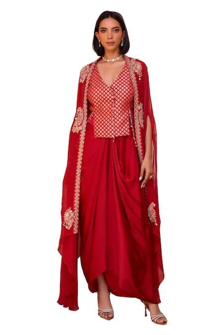 ISHA GUPTA TAYAL_Red Satin, Chanderi Beads V-neck Ratan Embroidered Cape Draped Skirt Set _at_Aza_Fashions