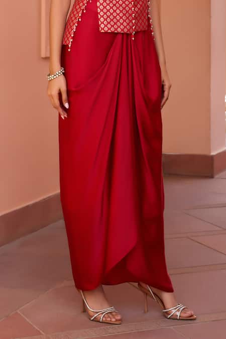 Shop_ISHA GUPTA TAYAL_Red Satin, Chanderi Beads V-neck Ratan Embroidered Cape Draped Skirt Set 