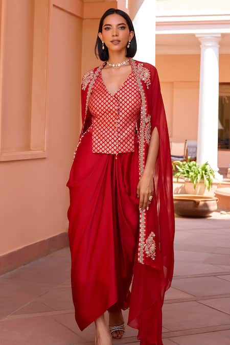 ISHA GUPTA TAYAL_Red Chanderi, Satin, Crepe Aiza Floral Woven Waistcoat And Draped Skirt Set _Online_at_Aza_Fashions