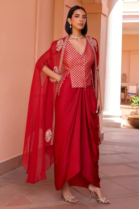 Buy_ISHA GUPTA TAYAL_Red Chanderi, Satin, Crepe Aiza Floral Woven Waistcoat And Draped Skirt Set _Online_at_Aza_Fashions