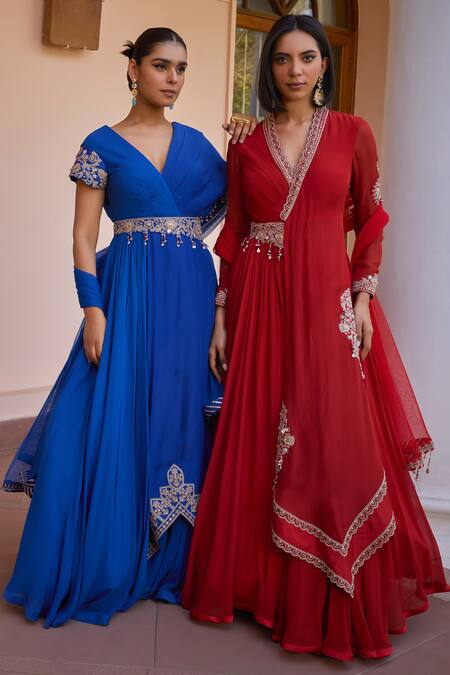 ISHA GUPTA TAYAL_Red Organza, Georgette, Net Pearls, Gulnar Embroidered Anarkali With Dupatta _Online_at_Aza_Fashions