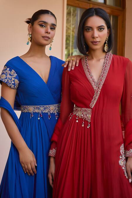 Buy_ISHA GUPTA TAYAL_Red Organza, Georgette, Net Pearls, Gulnar Embroidered Anarkali With Dupatta _Online_at_Aza_Fashions