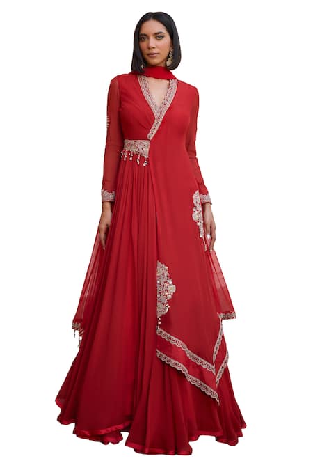 Shop_ISHA GUPTA TAYAL_Red Organza, Georgette, Net Pearls, Gulnar Embroidered Anarkali With Dupatta _Online_at_Aza_Fashions