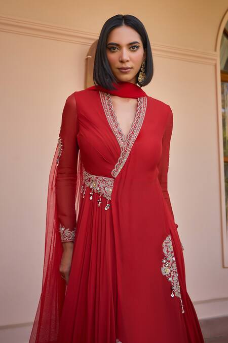 ISHA GUPTA TAYAL_Red Organza, Georgette, Net Pearls, Gulnar Embroidered Anarkali With Dupatta _at_Aza_Fashions