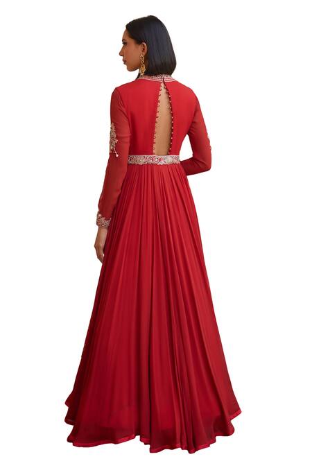 Shop_ISHA GUPTA TAYAL_Red Organza, Georgette, Net Pearls, Gulnar Embroidered Anarkali With Dupatta 