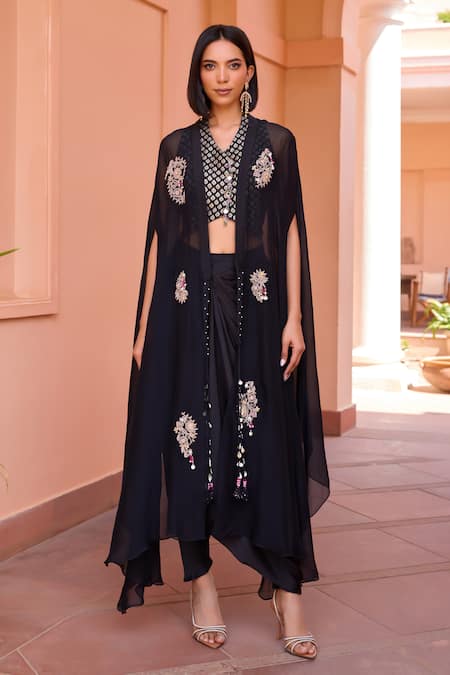 Isha Gupta Tayal Black Cape Organza Embroidery Dori Cape Open Seher Marodi Draped Pant Set 