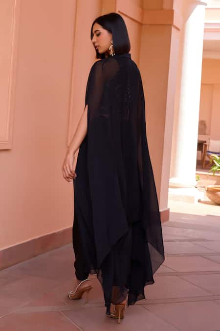 Shop ISHA GUPTA TAYAL Black Chanderi, Satin Beads, Embroidery Seher Marodi Cape Draped Pant Set at Aza Fashions Shop_ISHA GUPTA TAYAL_Black Chanderi, Satin Beads, Embroidery Seher Marodi Cape Draped Pant Set _at_Aza_Fashions