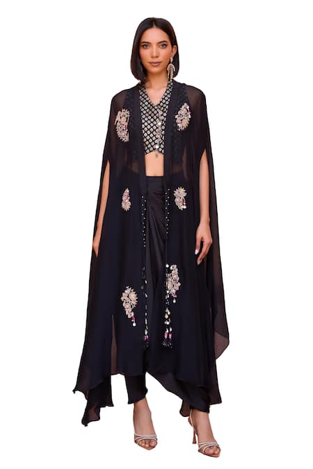 ISHA GUPTA TAYAL Black Chanderi, Satin Beads, Embroidery Seher Marodi Cape Draped Pant Set Online at Aza Fashions ISHA GUPTA TAYAL_Black Chanderi, Satin Beads, Embroidery Seher Marodi Cape Draped Pant Set _Online_at_Aza_Fashions