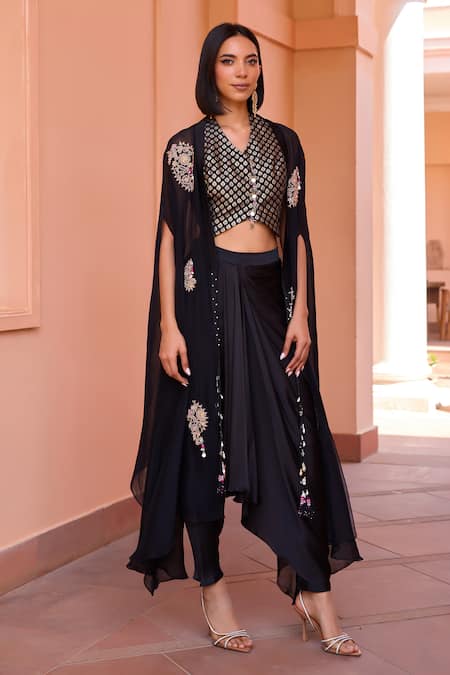 Buy ISHA GUPTA TAYAL Black Chanderi, Satin Beads, Embroidery Seher Marodi Cape Draped Pant Set Online at Aza Fashions Buy_ISHA GUPTA TAYAL_Black Chanderi, Satin Beads, Embroidery Seher Marodi Cape Draped Pant Set _Online_at_Aza_Fashions
