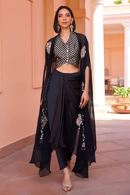 Shop ISHA GUPTA TAYAL Black Chanderi, Satin Beads, Embroidery Seher Marodi Cape Draped Pant Set Online at Aza Fashions Shop_ISHA GUPTA TAYAL_Black Chanderi, Satin Beads, Embroidery Seher Marodi Cape Draped Pant Set _Online_at_Aza_Fashions
