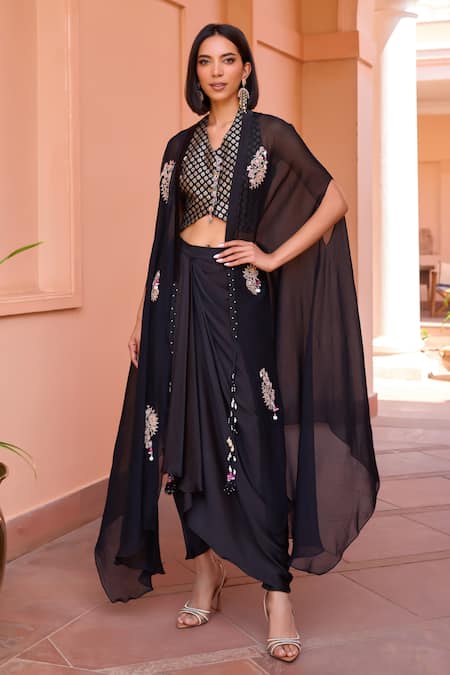 ISHA GUPTA TAYAL Black Chanderi, Satin Beads, Embroidery Seher Marodi Cape Draped Pant Set at Aza Fashions ISHA GUPTA TAYAL_Black Chanderi, Satin Beads, Embroidery Seher Marodi Cape Draped Pant Set _at_Aza_Fashions