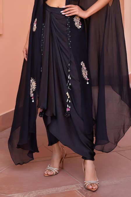 Buy ISHA GUPTA TAYAL Black Chanderi, Satin Beads, Embroidery Seher Marodi Cape Draped Pant Set Buy_ISHA GUPTA TAYAL_Black Chanderi, Satin Beads, Embroidery Seher Marodi Cape Draped Pant Set
