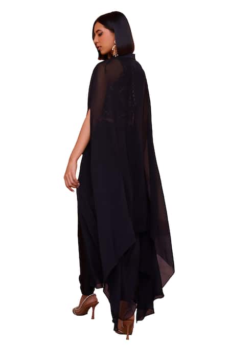 Shop ISHA GUPTA TAYAL Black Chanderi, Satin Beads, Embroidery Seher Marodi Cape Draped Pant Set Shop_ISHA GUPTA TAYAL_Black Chanderi, Satin Beads, Embroidery Seher Marodi Cape Draped Pant Set