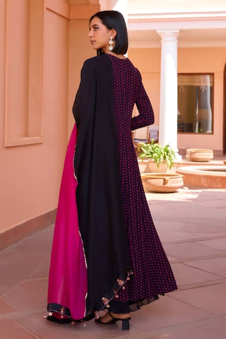 Shop ISHA GUPTA TAYAL Black Silk, Georgette, Satin, Sharanya Bandhani Pattern Anarkali Sharara Set at Aza Fashions Shop_ISHA GUPTA TAYAL_Black Silk, Georgette, Satin, Sharanya Bandhani Pattern Anarkali Sharara Set _at_Aza_Fashions