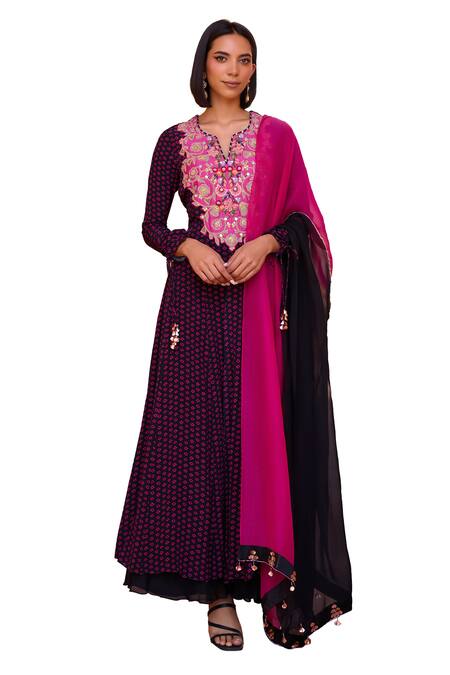 ISHA GUPTA TAYAL Black Silk, Georgette, Satin, Sharanya Bandhani Pattern Anarkali Sharara Set Online at Aza Fashions ISHA GUPTA TAYAL_Black Silk, Georgette, Satin, Sharanya Bandhani Pattern Anarkali Sharara Set _Online_at_Aza_Fashions