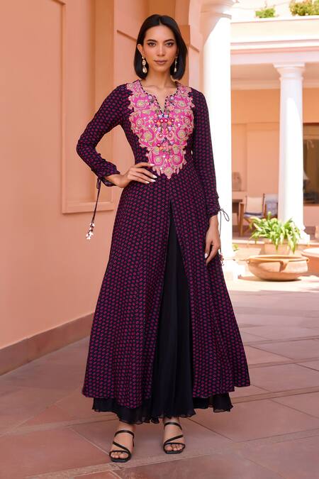 Buy ISHA GUPTA TAYAL Black Silk, Georgette, Satin, Sharanya Bandhani Pattern Anarkali Sharara Set Online at Aza Fashions Buy_ISHA GUPTA TAYAL_Black Silk, Georgette, Satin, Sharanya Bandhani Pattern Anarkali Sharara Set _Online_at_Aza_Fashions
