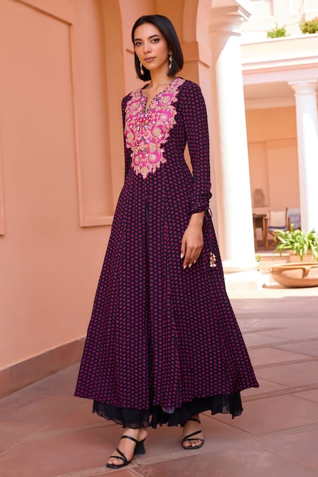 Shop ISHA GUPTA TAYAL Black Silk, Georgette, Satin, Sharanya Bandhani Pattern Anarkali Sharara Set Online at Aza Fashions Shop_ISHA GUPTA TAYAL_Black Silk, Georgette, Satin, Sharanya Bandhani Pattern Anarkali Sharara Set _Online_at_Aza_Fashions