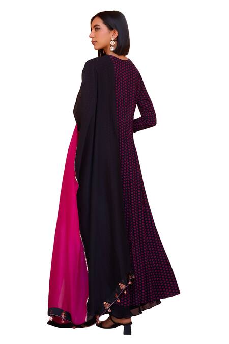 Buy ISHA GUPTA TAYAL Black Silk, Georgette, Satin, Sharanya Bandhani Pattern Anarkali Sharara Set Buy_ISHA GUPTA TAYAL_Black Silk, Georgette, Satin, Sharanya Bandhani Pattern Anarkali Sharara Set