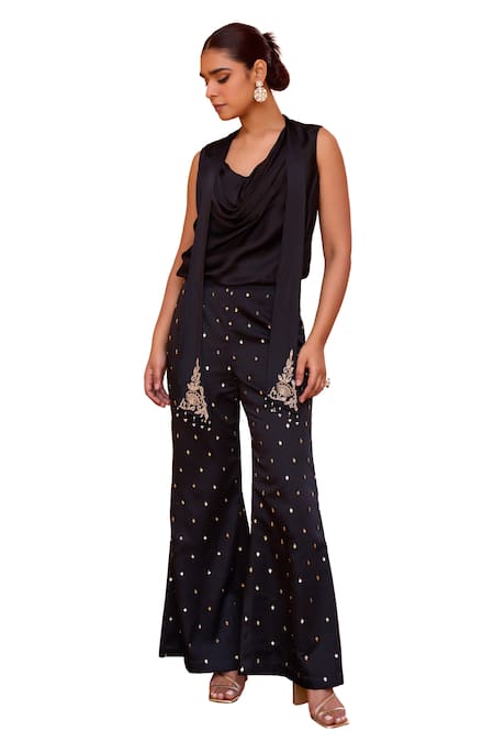 Buy ISHA GUPTA TAYAL Black Satin, Crepe Embroidery, Beads, Gota Patti Cowl Jugni Top And Pant Set Online at Aza Fashions Buy_ISHA GUPTA TAYAL_Black Satin, Crepe Embroidery, Beads, Gota Patti Cowl Jugni Top And Pant Set _Online_at_Aza_Fashions