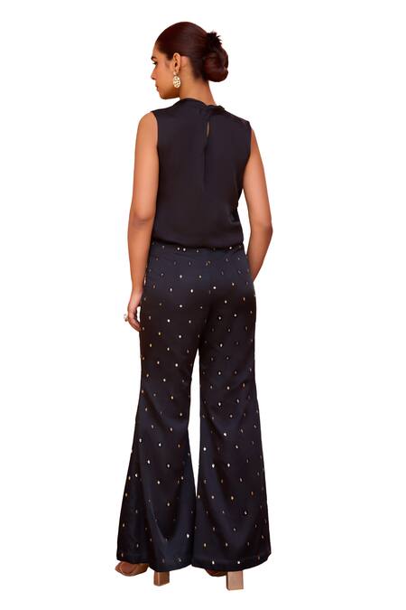ISHA GUPTA TAYAL Black Satin, Crepe Embroidery, Beads, Gota Patti Cowl Jugni Top And Pant Set at Aza Fashions ISHA GUPTA TAYAL_Black Satin, Crepe Embroidery, Beads, Gota Patti Cowl Jugni Top And Pant Set _at_Aza_Fashions