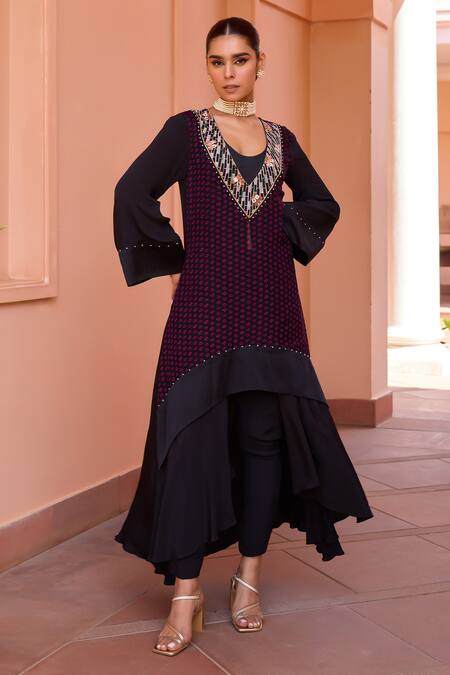 Shop_ISHA GUPTA TAYAL_Black Crepe, Organza Mirrors, Kavya Bandhani Pattern Kurta And Flared Pant Set _Online_at_Aza_Fashions