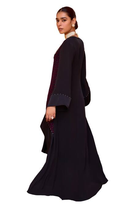 Buy_ISHA GUPTA TAYAL_Black Crepe, Organza Mirrors, Kavya Bandhani Pattern Kurta And Flared Pant Set 