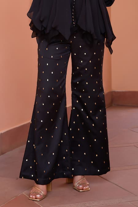 ISHA GUPTA TAYAL_Black Satin Beads, Gota Patti, Embroidery Collared Khwab Marodi Top And Pant Set _Online_at_Aza_Fashions