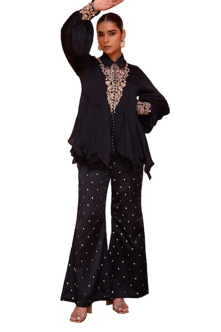 Buy_ISHA GUPTA TAYAL_Black Satin Beads, Gota Patti, Embroidery Collared Khwab Marodi Top And Pant Set _Online_at_Aza_Fashions