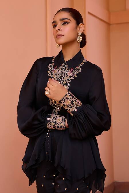 Shop_ISHA GUPTA TAYAL_Black Satin Beads, Gota Patti, Embroidery Collared Khwab Marodi Top And Pant Set _Online_at_Aza_Fashions