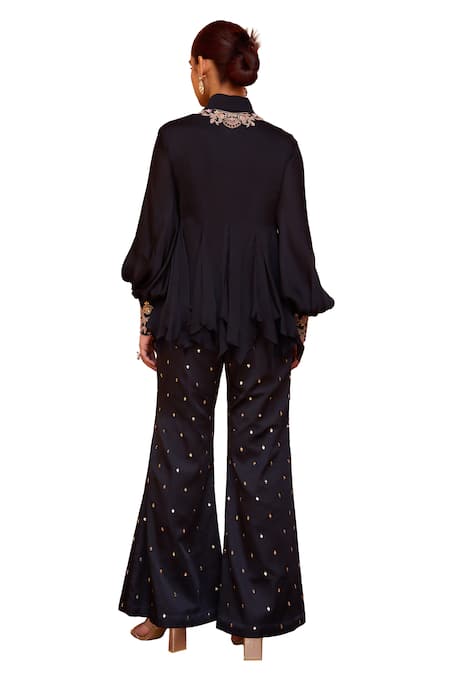 ISHA GUPTA TAYAL_Black Satin Beads, Gota Patti, Embroidery Collared Khwab Marodi Top And Pant Set _at_Aza_Fashions