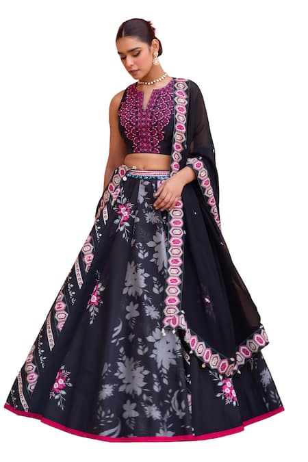 Shop ISHA GUPTA TAYAL Black Silk, Organza Embroidery, Diamonds Khushnoor Floral Print Lehenga Set Online at Aza Fashions Shop_ISHA GUPTA TAYAL_Black Silk, Organza Embroidery, Diamonds Khushnoor Floral Print Lehenga Set _Online_at_Aza_Fashions