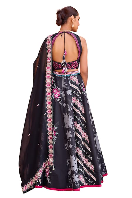 Shop ISHA GUPTA TAYAL Black Silk, Organza Embroidery, Diamonds Khushnoor Floral Print Lehenga Set Shop_ISHA GUPTA TAYAL_Black Silk, Organza Embroidery, Diamonds Khushnoor Floral Print Lehenga Set