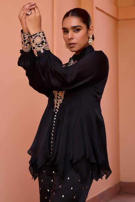 ISHA GUPTA TAYAL_Black Satin Beads Collared Khwab Marodi Embroidered Top With Bustier _at_Aza_Fashions