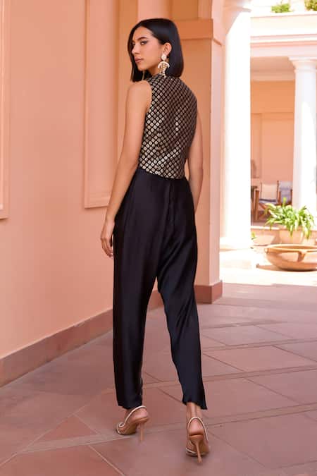 Shop ISHA GUPTA TAYAL Black Chanderi, Satin V-neck Floral Woven Waistcoat And Draped Pant Set at Aza Fashions Shop_ISHA GUPTA TAYAL_Black Chanderi, Satin V-neck Floral Woven Waistcoat And Draped Pant Set _at_Aza_Fashions