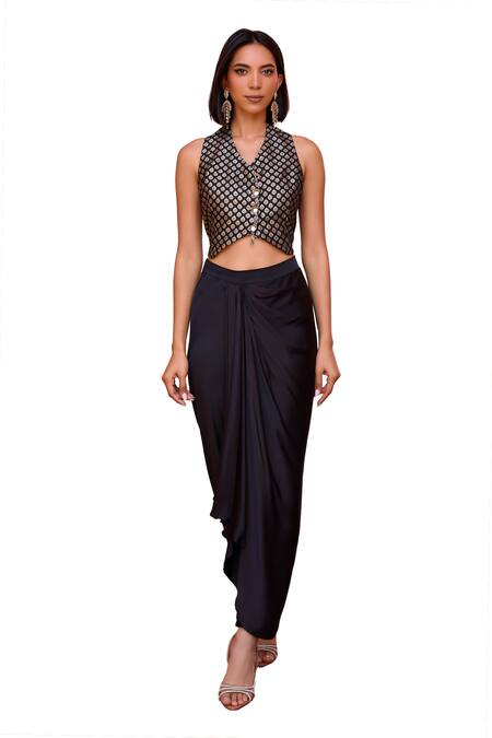 Buy ISHA GUPTA TAYAL Black Chanderi, Satin V-neck Floral Woven Waistcoat And Draped Pant Set Online at Aza Fashions Buy_ISHA GUPTA TAYAL_Black Chanderi, Satin V-neck Floral Woven Waistcoat And Draped Pant Set _Online_at_Aza_Fashions