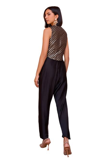 ISHA GUPTA TAYAL Black Chanderi, Satin V-neck Floral Woven Waistcoat And Draped Pant Set at Aza Fashions ISHA GUPTA TAYAL_Black Chanderi, Satin V-neck Floral Woven Waistcoat And Draped Pant Set _at_Aza_Fashions