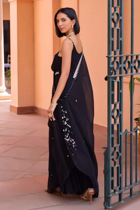 Shop ISHA GUPTA TAYAL Black Georgette, Organza, Satin Cut Adah Embroidered Draped Kurta Sharara Set at Aza Fashions Shop_ISHA GUPTA TAYAL_Black Georgette, Organza, Satin Cut Adah Embroidered Draped Kurta Sharara Set _at_Aza_Fashions