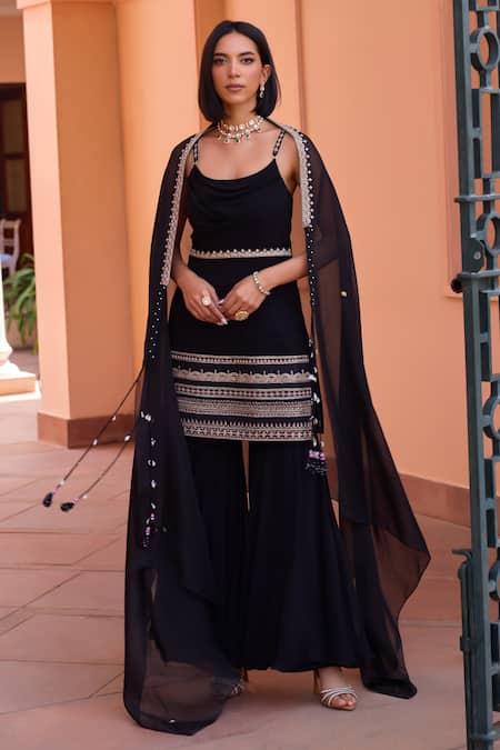 ISHA GUPTA TAYAL Black Georgette, Organza, Satin Cut Adah Embroidered Draped Kurta Sharara Set Online at Aza Fashions ISHA GUPTA TAYAL_Black Georgette, Organza, Satin Cut Adah Embroidered Draped Kurta Sharara Set _Online_at_Aza_Fashions