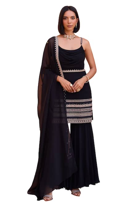 Shop ISHA GUPTA TAYAL Black Georgette, Organza, Satin Cut Adah Embroidered Draped Kurta Sharara Set Online at Aza Fashions Shop_ISHA GUPTA TAYAL_Black Georgette, Organza, Satin Cut Adah Embroidered Draped Kurta Sharara Set _Online_at_Aza_Fashions
