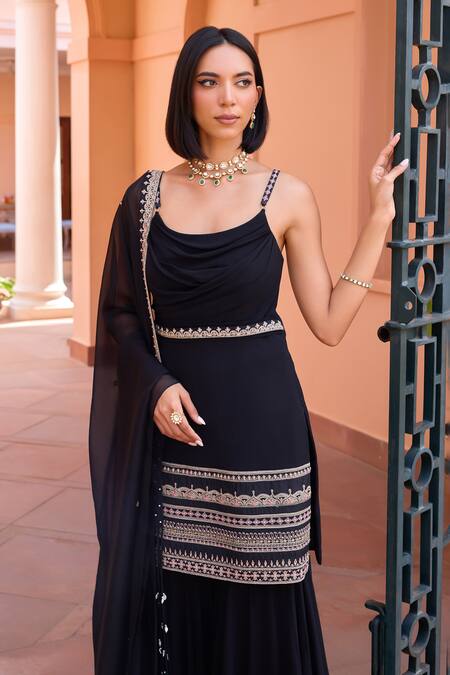 ISHA GUPTA TAYAL Black Georgette, Organza, Satin Cut Adah Embroidered Draped Kurta Sharara Set at Aza Fashions ISHA GUPTA TAYAL_Black Georgette, Organza, Satin Cut Adah Embroidered Draped Kurta Sharara Set _at_Aza_Fashions
