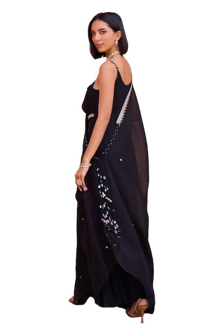 Shop ISHA GUPTA TAYAL Black Georgette, Organza, Satin Cut Adah Embroidered Draped Kurta Sharara Set Shop_ISHA GUPTA TAYAL_Black Georgette, Organza, Satin Cut Adah Embroidered Draped Kurta Sharara Set
