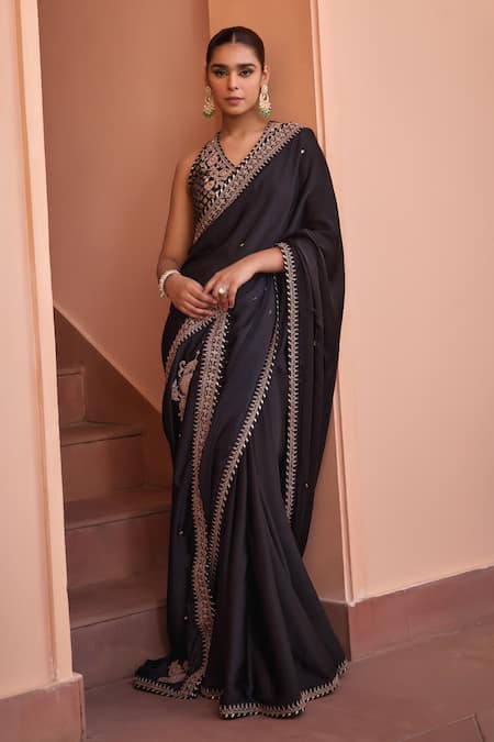 Buy Black Saree Pure Satin Embroidery Tilla V Raina Border With Blouse ...