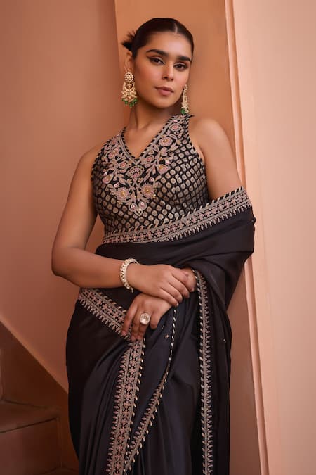 ISHA GUPTA TAYAL_Black Chanderi, Satin Pearls, Raina Border Embroidered Saree With Blouse _Online_at_Aza_Fashions