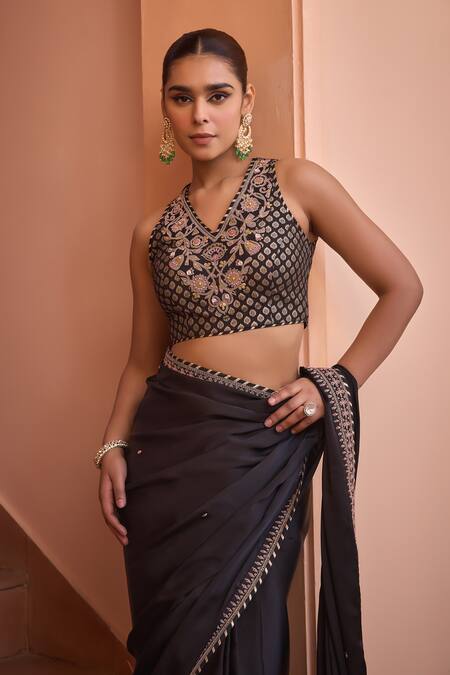 Shop_ISHA GUPTA TAYAL_Black Chanderi, Satin Pearls, Raina Border Embroidered Saree With Blouse _Online_at_Aza_Fashions