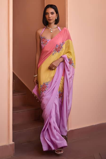 Isha Gupta Tayal Multi Color Saree Crepe Embroidery 3d Shafaq Colorblock With Blouse 