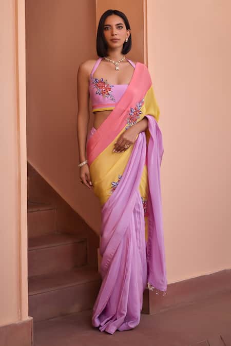 ISHA GUPTA TAYAL Multi Color Crepe, Silk Sequins, Beads, Shafaq Colorblock Saree With Blouse Online at Aza Fashions ISHA GUPTA TAYAL_Multi Color Crepe, Silk Sequins, Beads, Shafaq Colorblock Saree With Blouse _Online_at_Aza_Fashions
