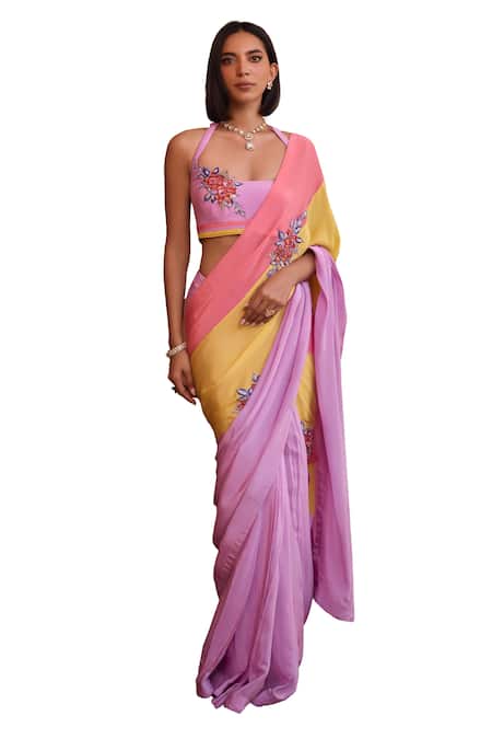 Buy ISHA GUPTA TAYAL Multi Color Crepe, Silk Sequins, Beads, Shafaq Colorblock Saree With Blouse Online at Aza Fashions Buy_ISHA GUPTA TAYAL_Multi Color Crepe, Silk Sequins, Beads, Shafaq Colorblock Saree With Blouse _Online_at_Aza_Fashions