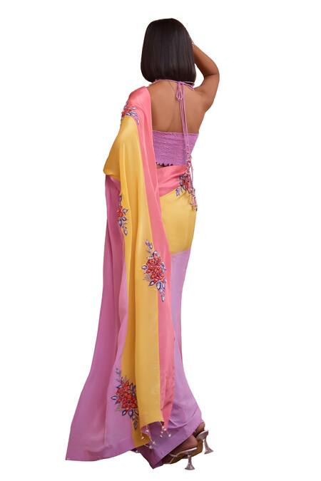 ISHA GUPTA TAYAL Multi Color Crepe, Silk Sequins, Beads, Shafaq Colorblock Saree With Blouse at Aza Fashions ISHA GUPTA TAYAL_Multi Color Crepe, Silk Sequins, Beads, Shafaq Colorblock Saree With Blouse _at_Aza_Fashions