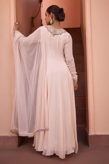 Shop ISHA GUPTA TAYAL White Georgette, Satin, Net Masakali Marodi Embroidered Anarkali With Dupatta at Aza Fashions Shop_ISHA GUPTA TAYAL_White Georgette, Satin, Net Masakali Marodi Embroidered Anarkali With Dupatta _at_Aza_Fashions