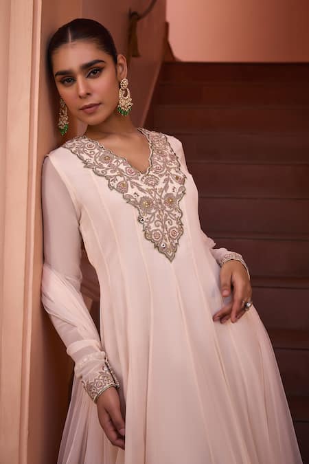 Shop ISHA GUPTA TAYAL White Georgette, Satin, Net Masakali Marodi Embroidered Anarkali With Dupatta Online at Aza Fashions Shop_ISHA GUPTA TAYAL_White Georgette, Satin, Net Masakali Marodi Embroidered Anarkali With Dupatta _Online_at_Aza_Fashions
